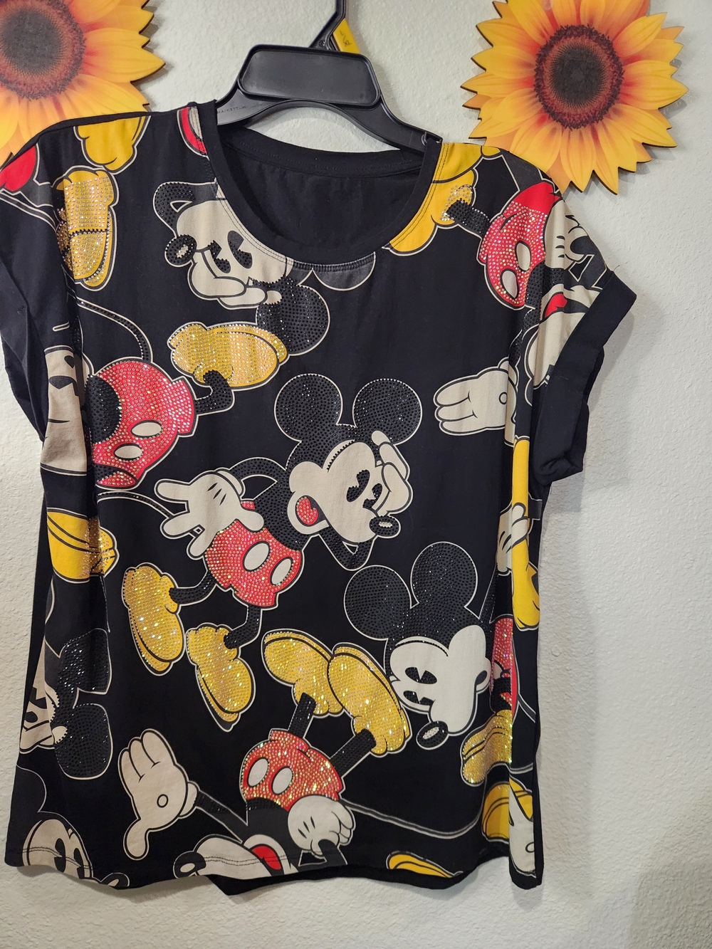 Oversized Black Mickey Mouse Graphic Tee with Yellow & Red Accents